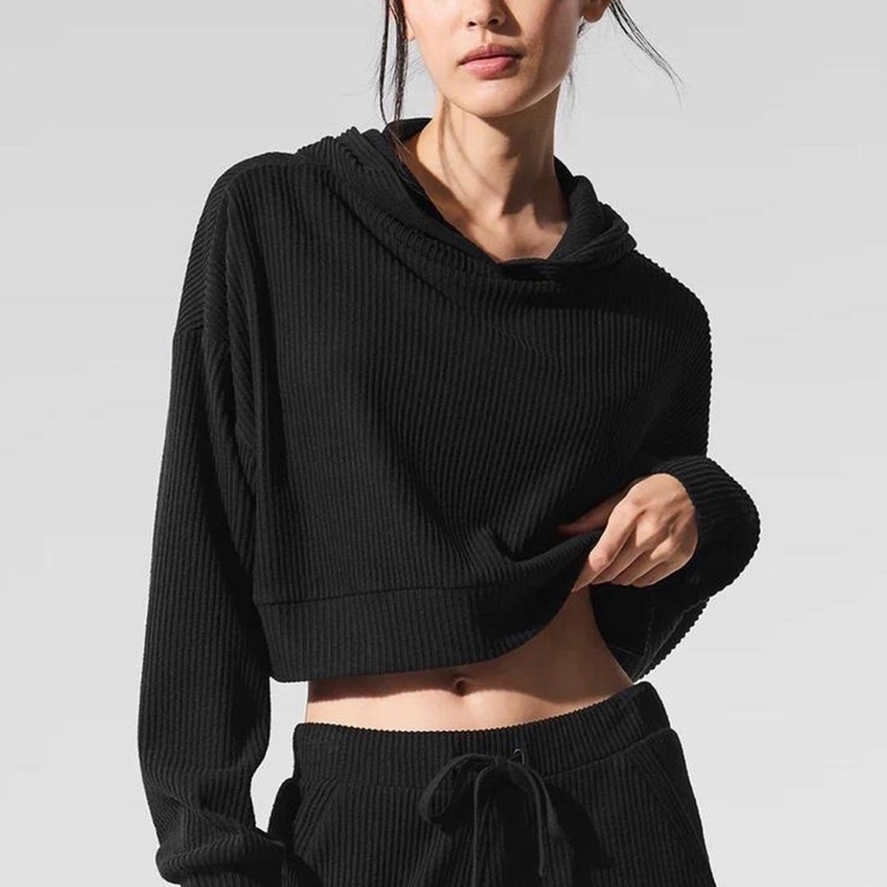 ALO Yoga Black Cropped Ribbed Cowl Hoodie Sweater